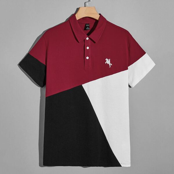 

Men Embroidery Figure Colorblock Polo Shirt, Multicolor