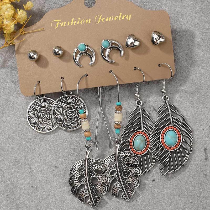 

6pairs Floral & Leaf Earring Set, Silver