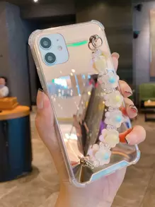 Mirror Phone Case With Flower Hand Strap - Rose Gold - View 1