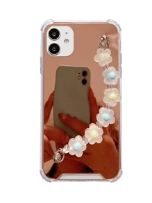 Mirror Phone Case With Flower Hand Strap - Rose Gold - View 2