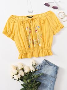 SHEIN Tie Neck Floral Embroidery Peplum Top - Yellow - View 1