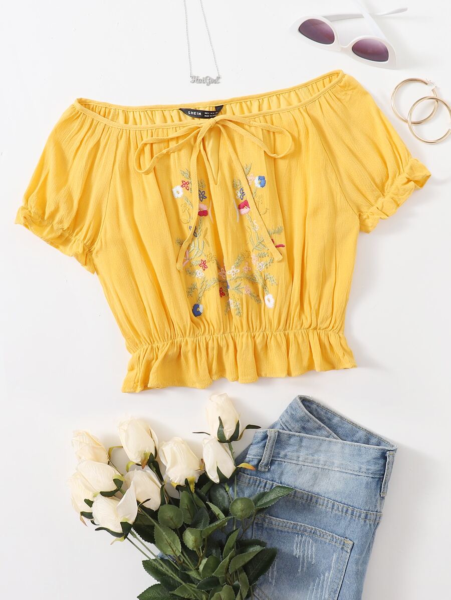 SHEIN Tie Neck Floral Embroidery Peplum Top - Yellow - View 1
