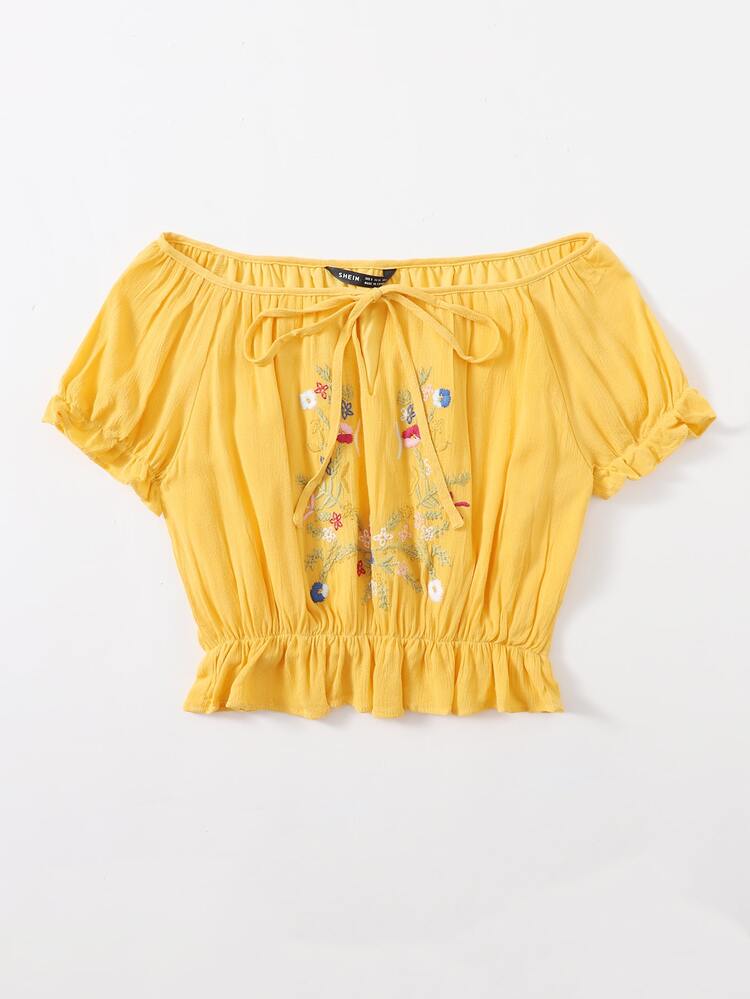 SHEIN Tie Neck Floral Embroidery Peplum Top - Yellow - View 3
