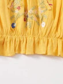 SHEIN Tie Neck Floral Embroidery Peplum Top - Yellow - View 4