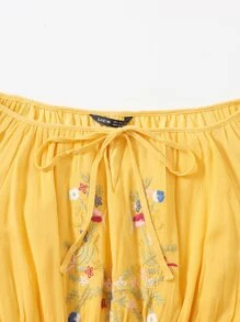 SHEIN Tie Neck Floral Embroidery Peplum Top - Yellow - View 5