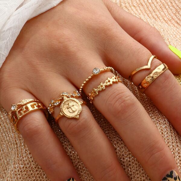 

8pcs Rhinestone Decor Ring, Gold