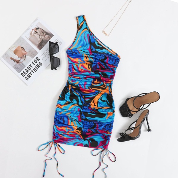 

One Shoulder Drawstring Ruched Side Graphic Print Dress, Multicolor