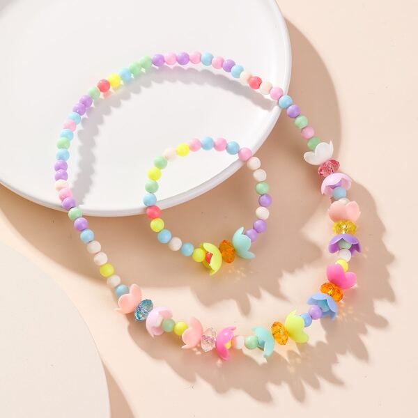 

Girls Flower Decor Beaded Necklace & Bracelet, Multicolor