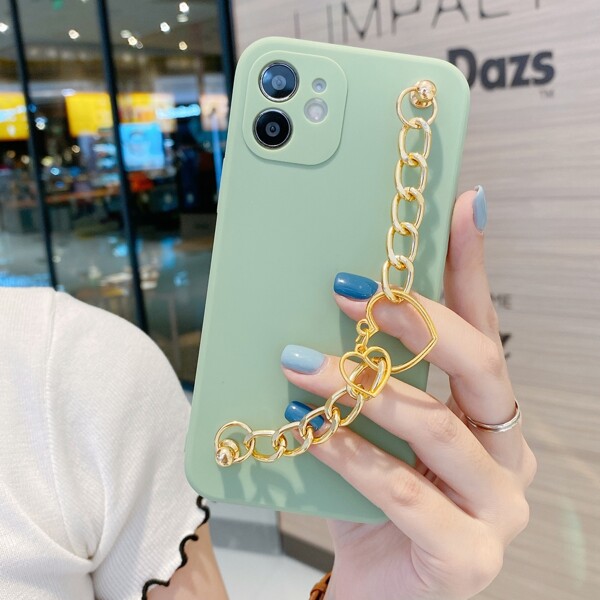 

Solid Phone Case With Heart Decor Hand Strap, Green