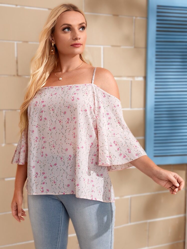 Plus Ditsy Floral Cold Shoulder Blouse - Baby Pink - View 5