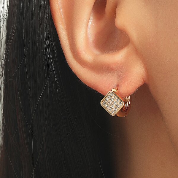 

Geometric Zircon Decor Hoop Earrings, Gold
