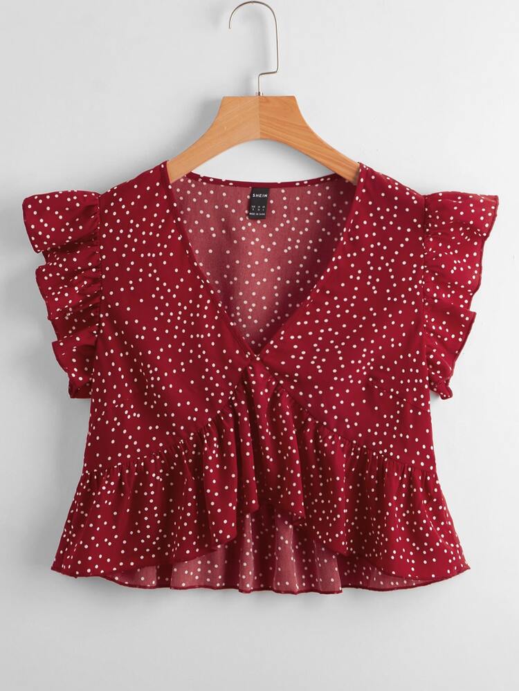 SHEIN Ruffle Trim Polka Dot Top - Burgundy - View 1