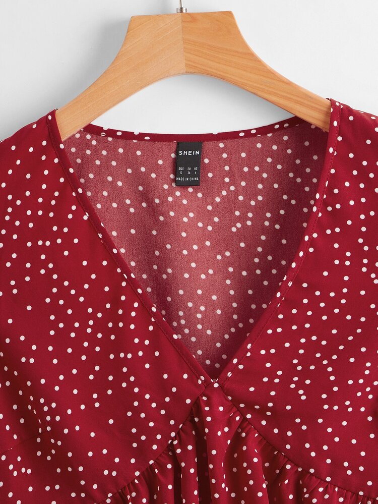 SHEIN Ruffle Trim Polka Dot Top - Burgundy - View 3