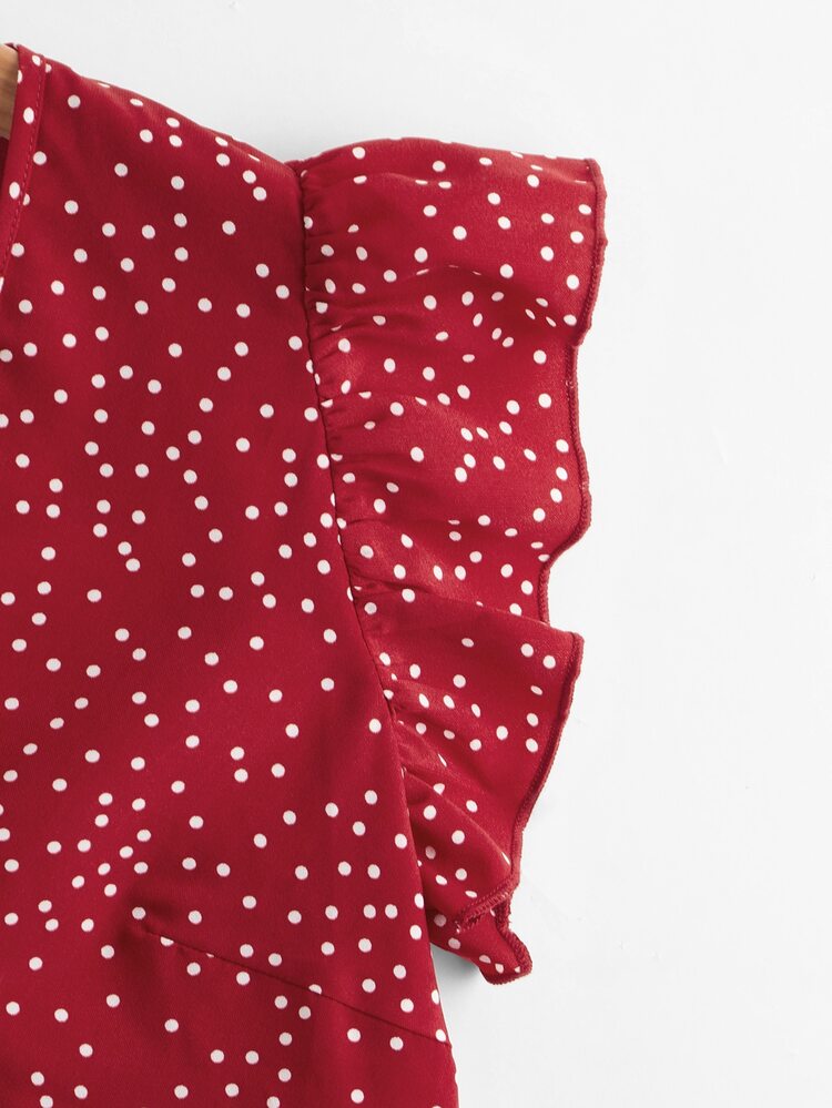 SHEIN Ruffle Trim Polka Dot Top - Burgundy - View 4