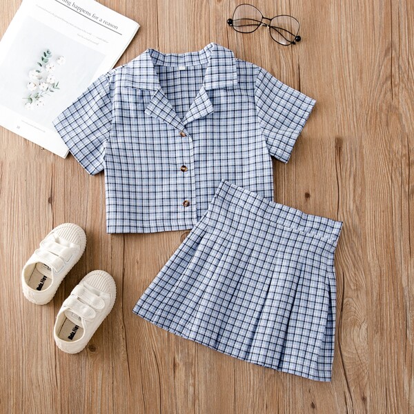 

Girls Plaid Lapel Collar Blouse & Pleated Skirt, Blue