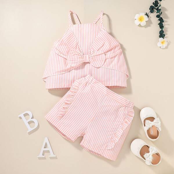 

Toddler Girls Striped Bow Front Cami Top With Shorts, Baby pink