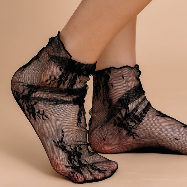 

Flower Pattern Mesh Socks, Black