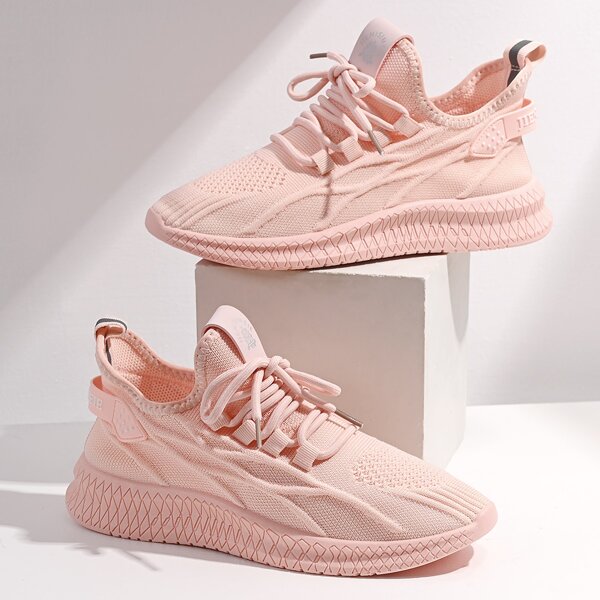 

Minimalist Textured Lace Up Front Running Shoes, Pink