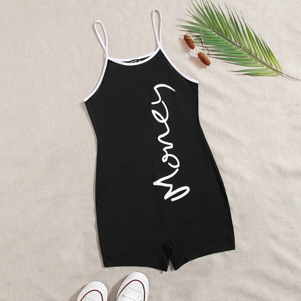 

Plus Letter Graphic Contrast Binding Cami Romper, Black
