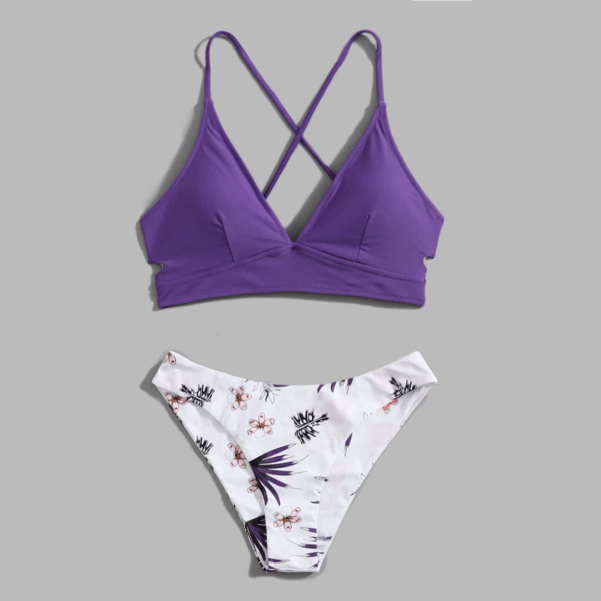 

Floral & Leaf Graphic Lace Up Bikini Swimsuit, Purple