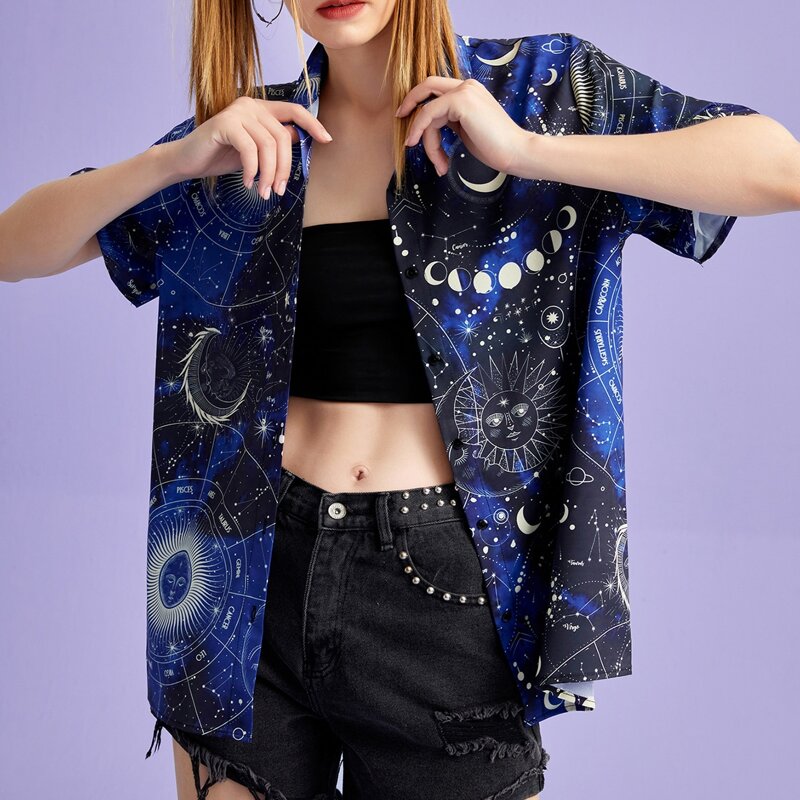 

Sun & Moon Graphic Button Front Blouse, Blue