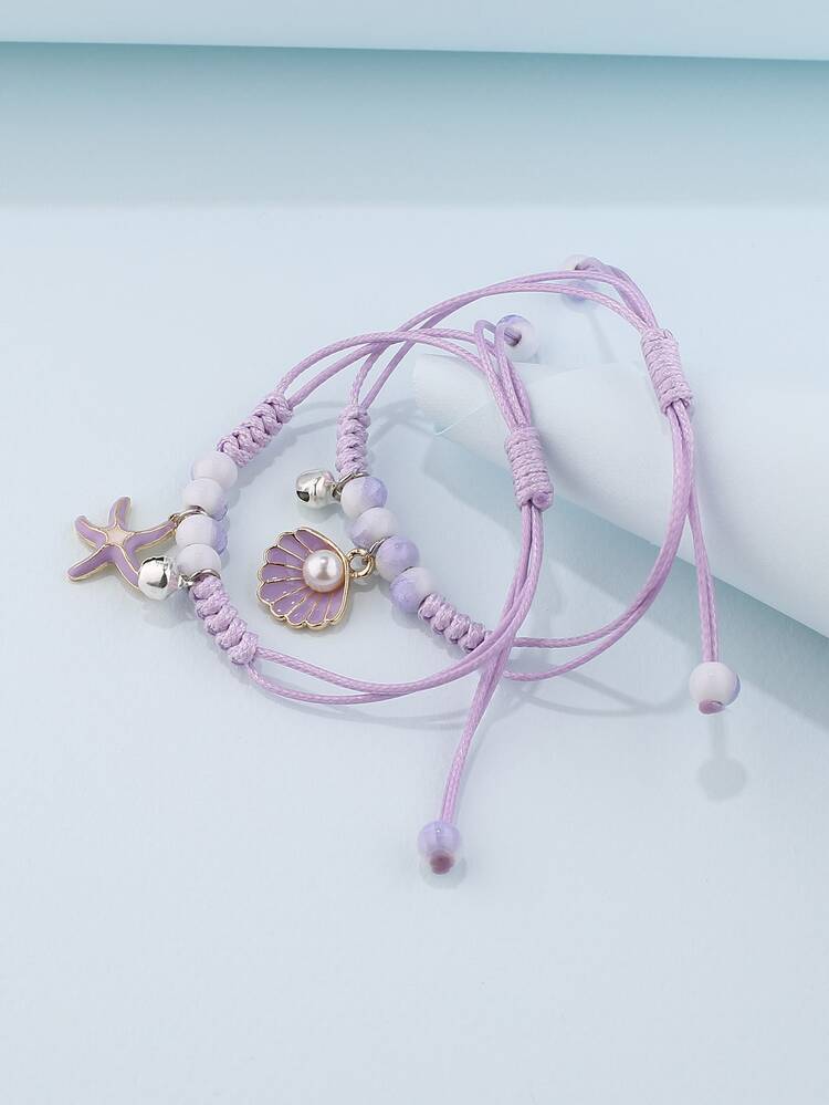 2pcs Girls Shell & Starfish Charm Bracelet - Purple - View 1