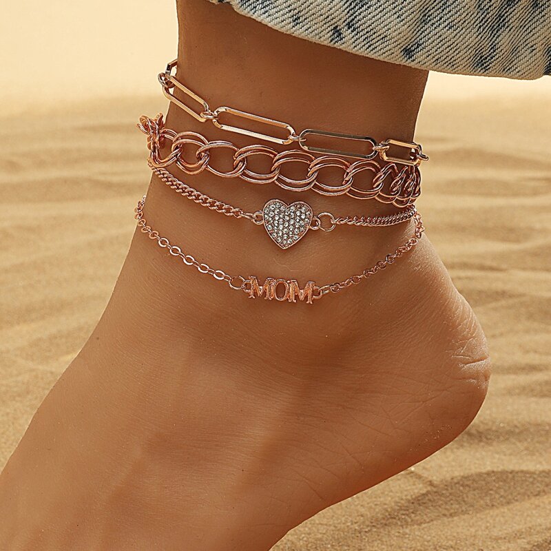 

4pcs Rhinestone Heart Chain Anklet, Gold