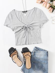 SHEIN Qutie Top con nudo delantero ribete en forma de lechuga - Gris Claro - Ver 1