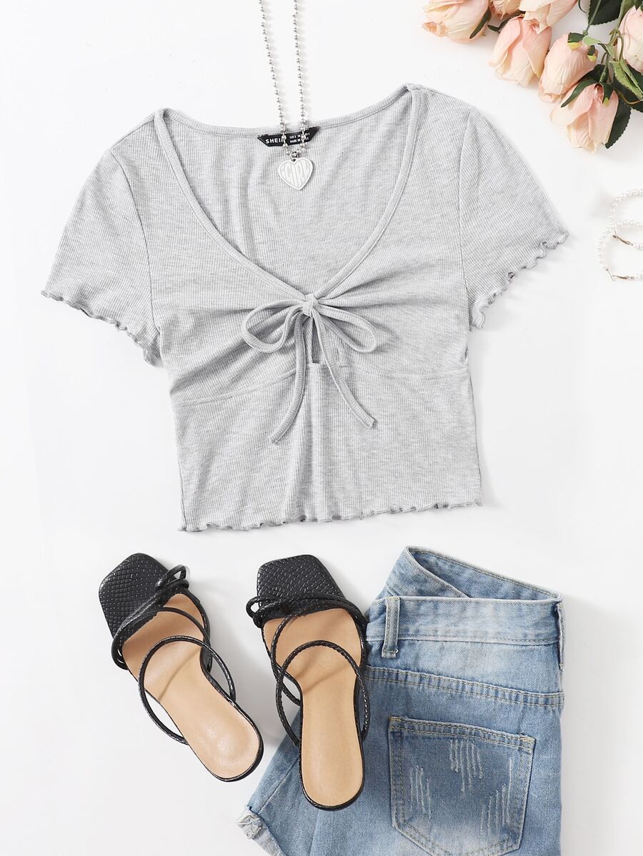 SHEIN Qutie Top con nudo delantero ribete en forma de lechuga - Gris Claro - Ver 1