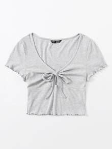 SHEIN Qutie Top con nudo delantero ribete en forma de lechuga - Gris Claro - Ver 3