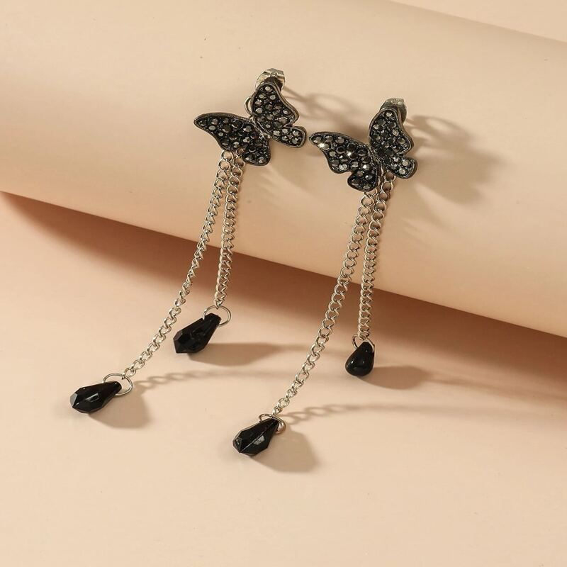 

Rhinestone Butterfly Drop Earrings, Black