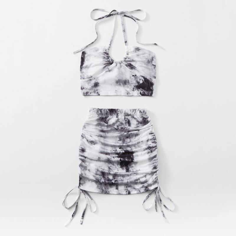 

Tie Dye Halter Top & Drawstring Skirt, Black and white