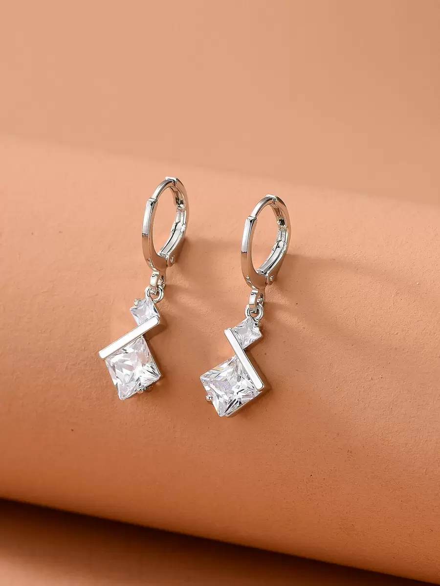 Pendientes largos geométricos zirconia cúbica - Plateado - Ver 1
