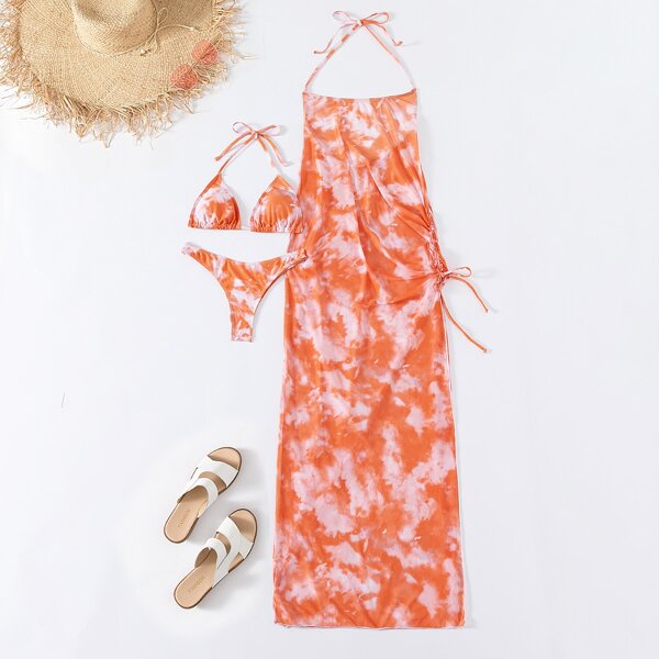 

3pack Tie Dye Triangle Bikini Swimsuit & Cover Up, Orange