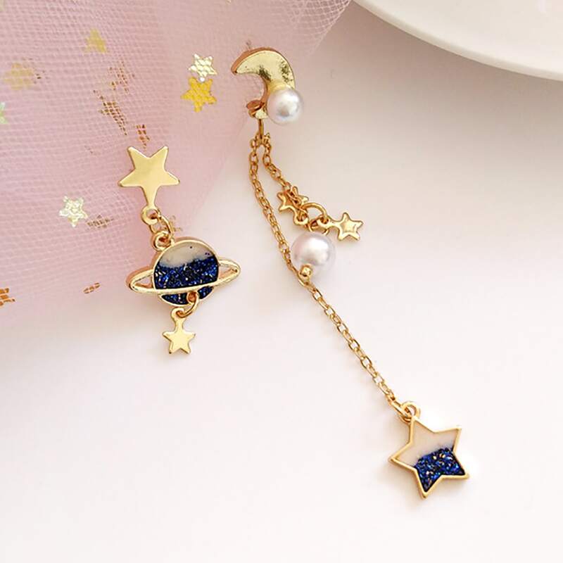 

Star & Planet Drop Earrings, Gold