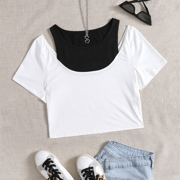 

Plus Two Tone 2 In 1 Tee, Black and white
