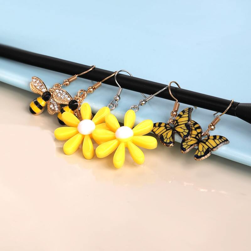 

3pairs Flower & Butterfly Drop Earrings, Yellow