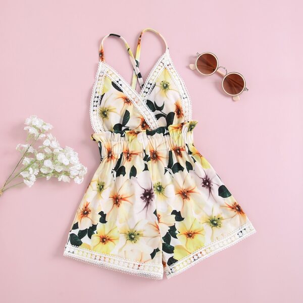 

Toddler Girls Floral Contrast Lace Criss Cross Cami Romper, Multicolor