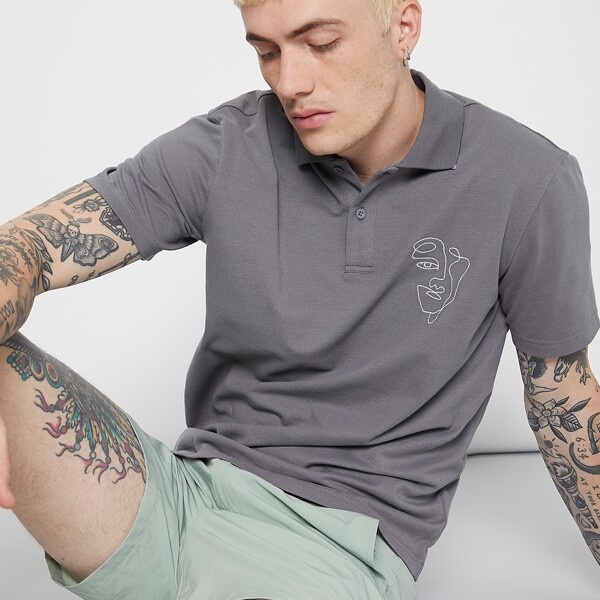 

Men Figure Embroidered Polo Shirt, Grey