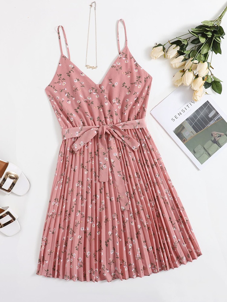 Plus Self Belted Ditsy Floral Pleated Cami Dress - Dusty Pink - View 1