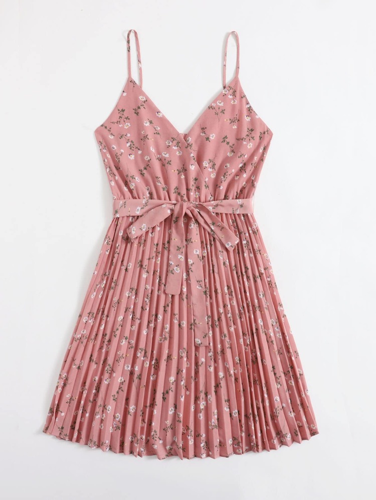 Plus Self Belted Ditsy Floral Pleated Cami Dress - Dusty Pink - View 3