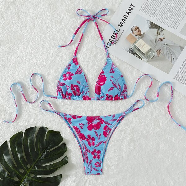 

Floral Micro Triangle Thong Bikini Swimsuit, Multicolor