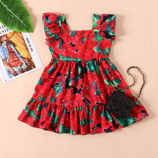 

Toddler Girls Floral & Leaf Print Ruffle Hem Dress, Multicolor