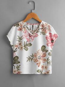 SHEIN Girls Floral Print Batwing Sleeve Top