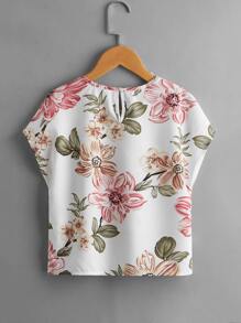 SHEIN Girls Floral Print Batwing Sleeve Top