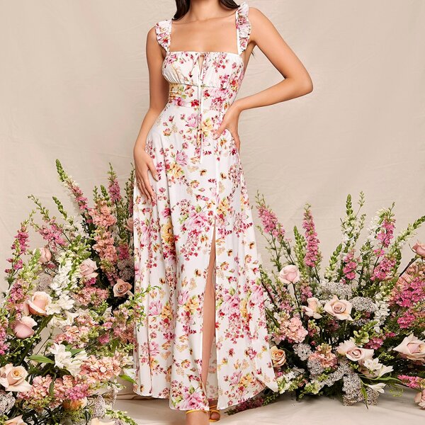 

Lace Up Backless Ruffle Armhole Split Thigh Dress, Multicolor