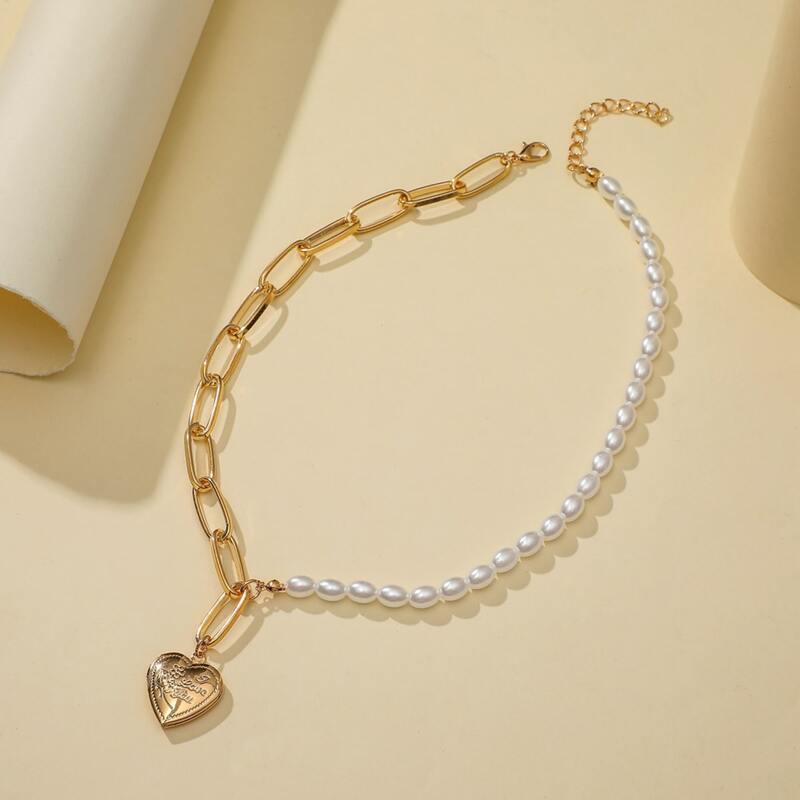 

Faux Pearl Heart Pendant Necklace, Gold