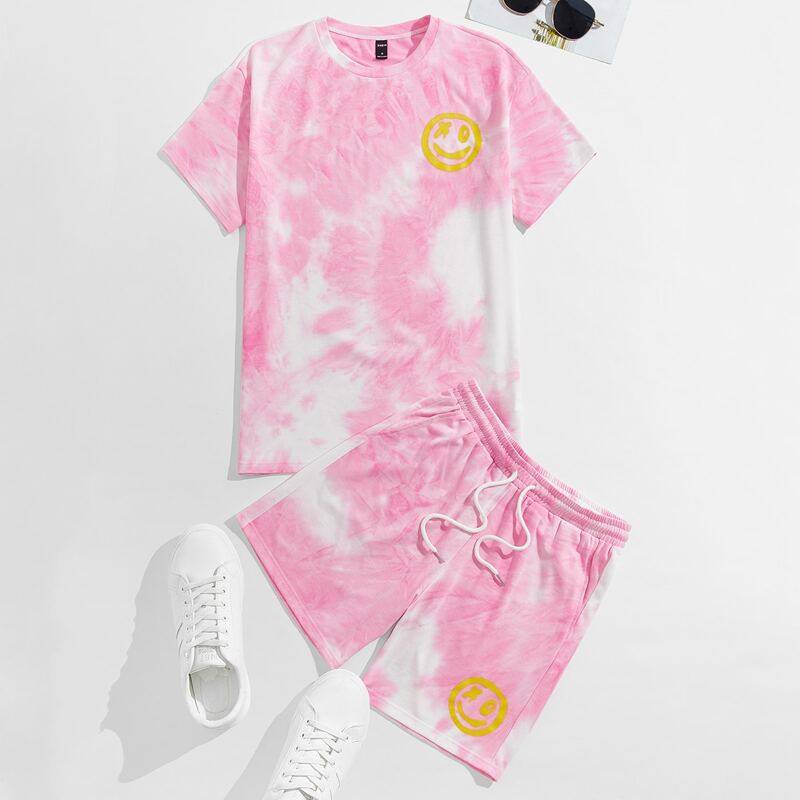 

Guys Cartoon Graphic Tie Dye Top & Shorts Set, Pink