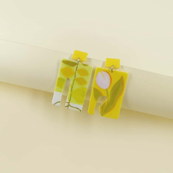 

Flower Print Geometric Drop Earrings, Yellow