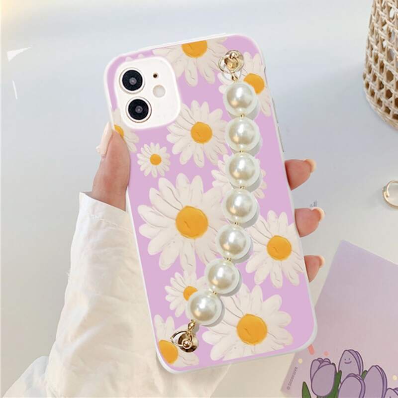 

Faux Pearl Hand Strap Floral Phone Case, Multicolor